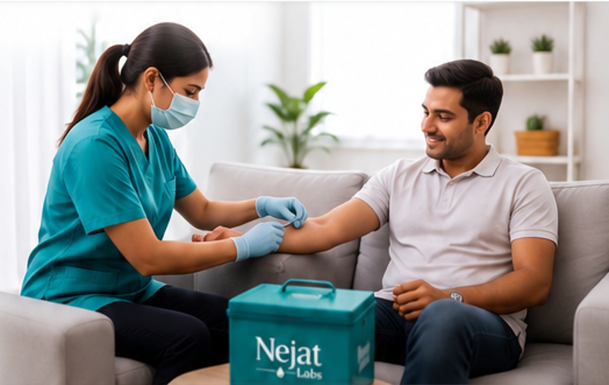 Professional collecting blood sample at home